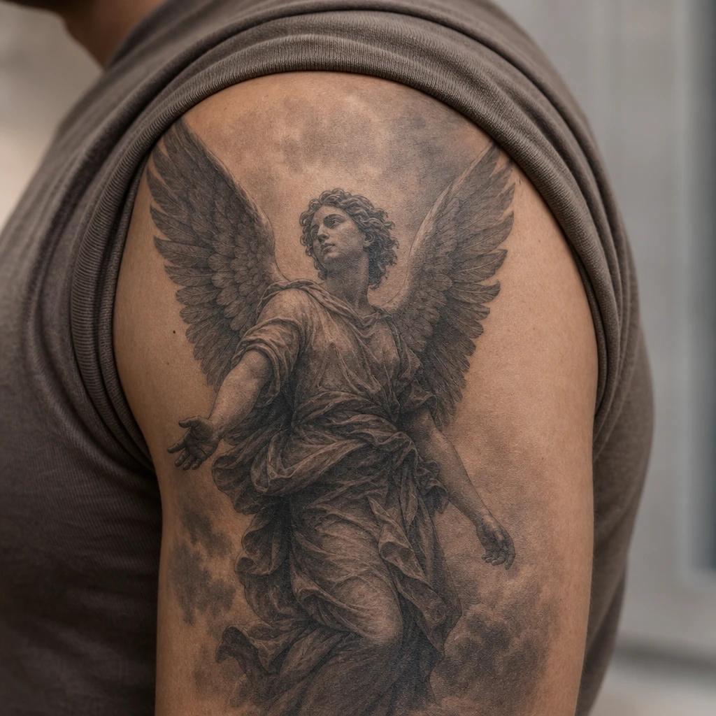 angel tattoo realistic guardian angel, realistic photo on skin