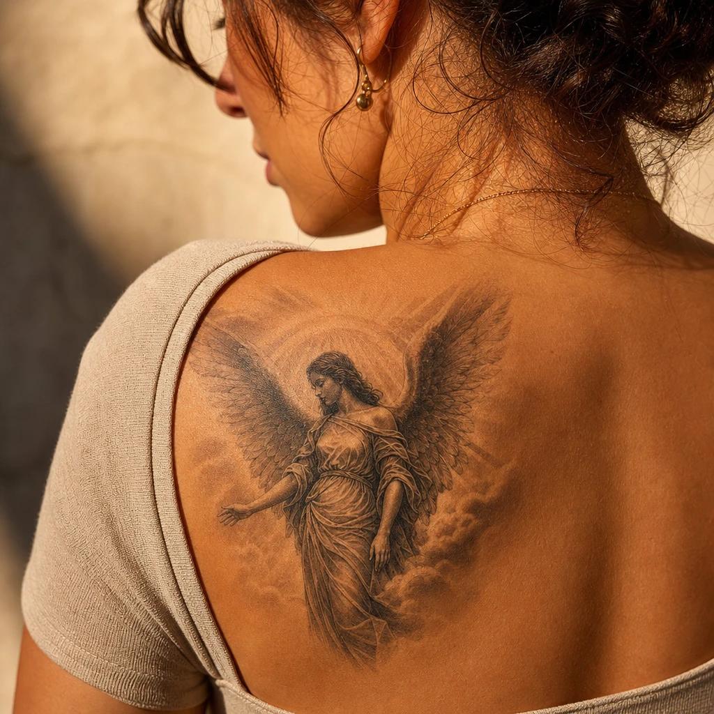 angel tattoo realistic guardian angel, realistic photo on skin