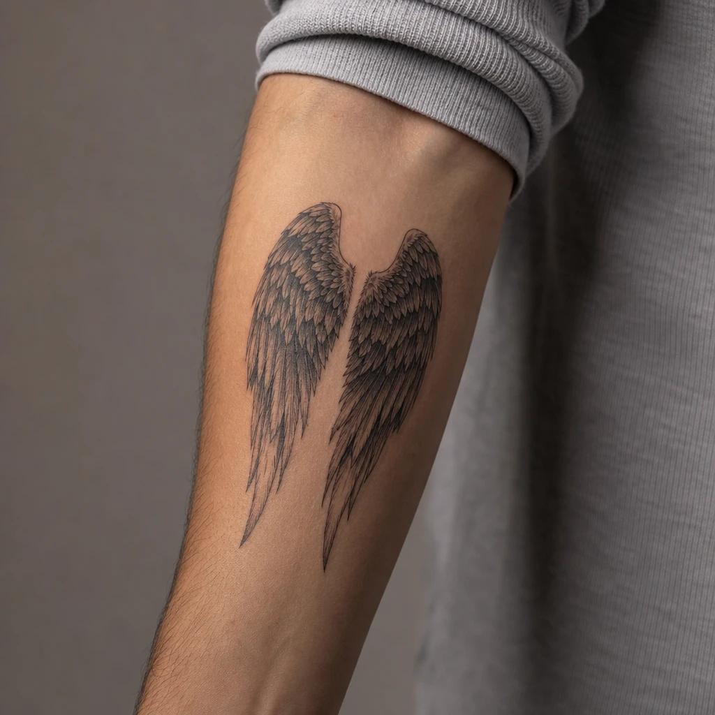 angel tattoo wings alone across the back, realistic photo on skin