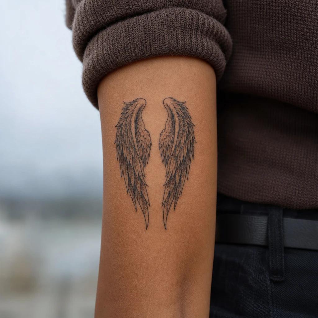 angel tattoo wings alone across the back, realistic photo on skin