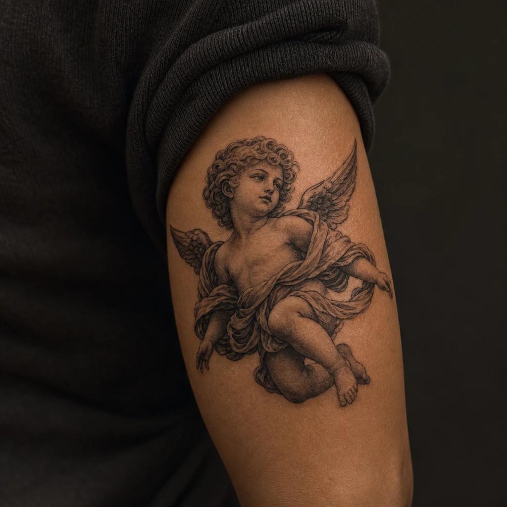 angel tattoo baroque cherub, realistic photo on skin