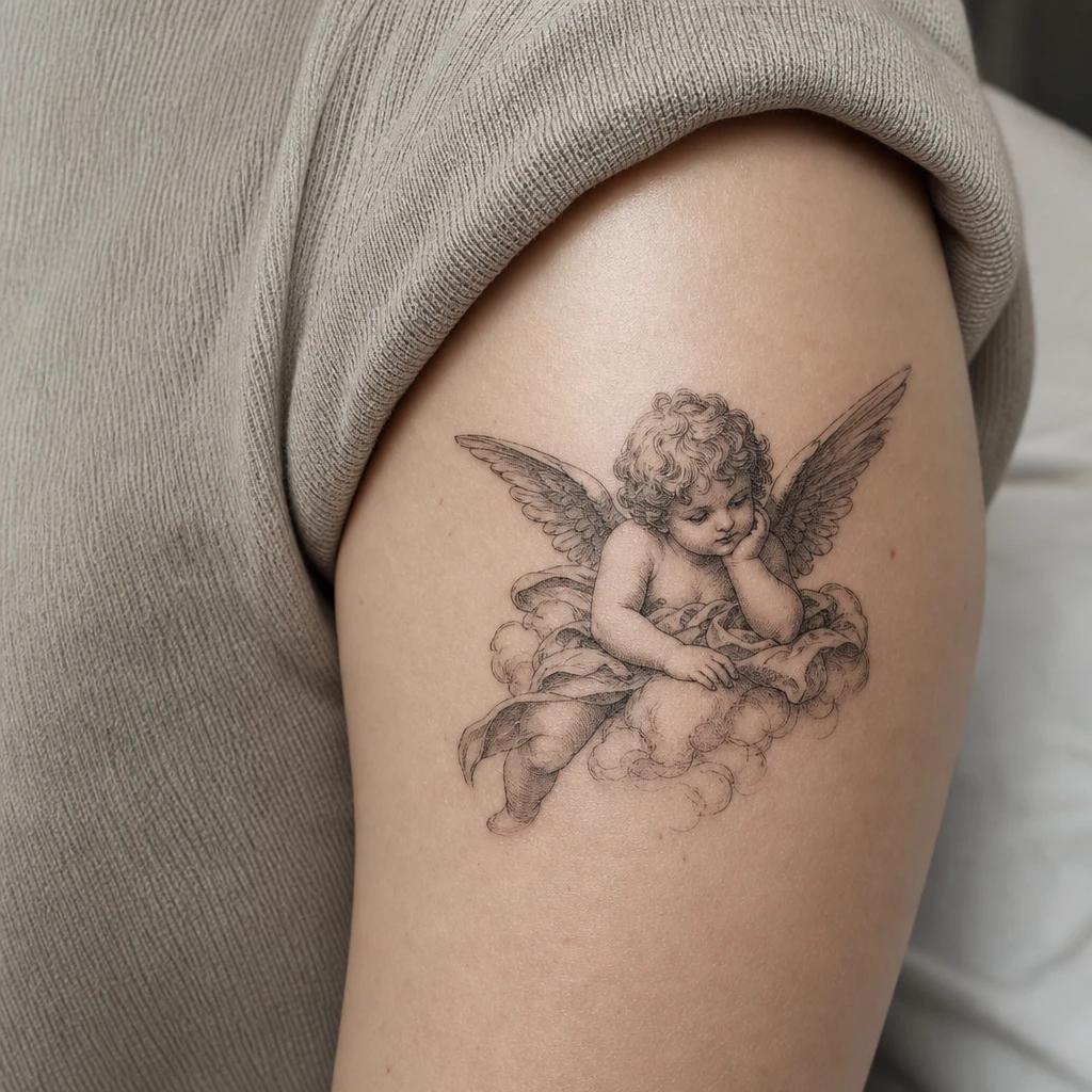 angel tattoo baroque cherub, realistic photo on skin