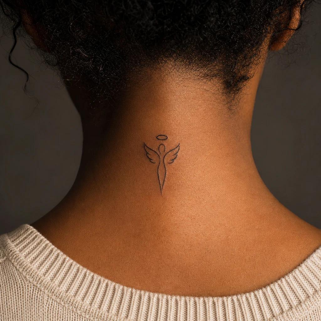 angel tattoo minimalist fine line angel, realistic photo on skin
