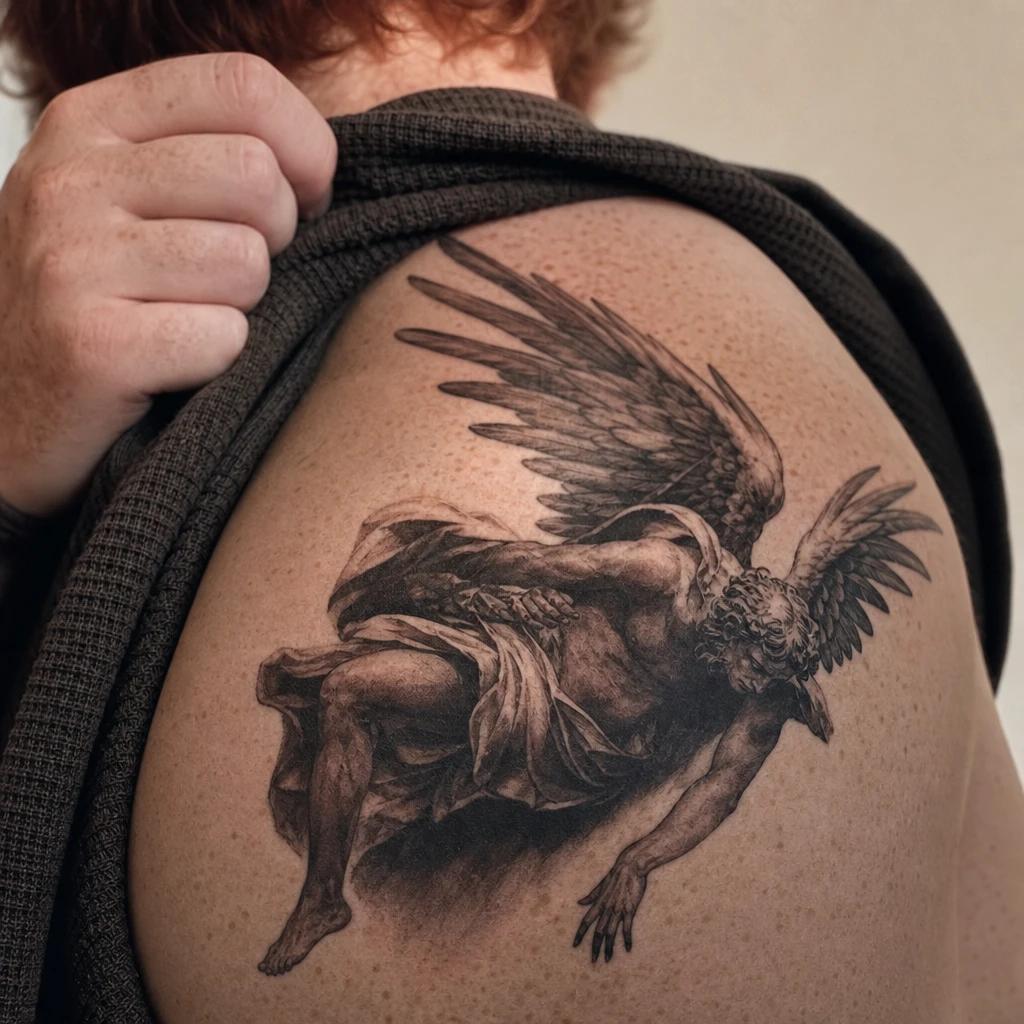 angel tattoo dramatic fallen angel, realistic photo on skin