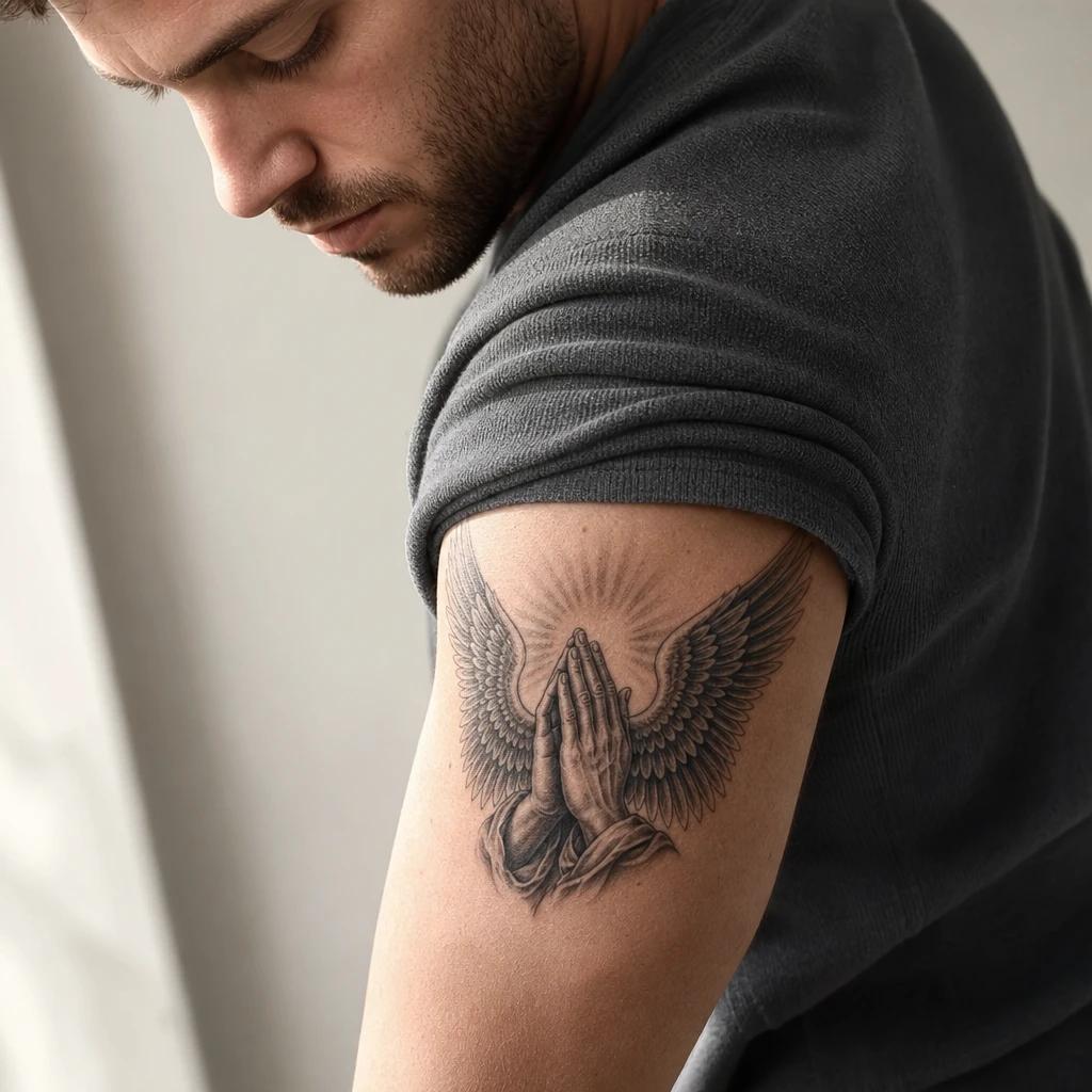 angel tattoo praying hands and wings, realistic photo on skin
