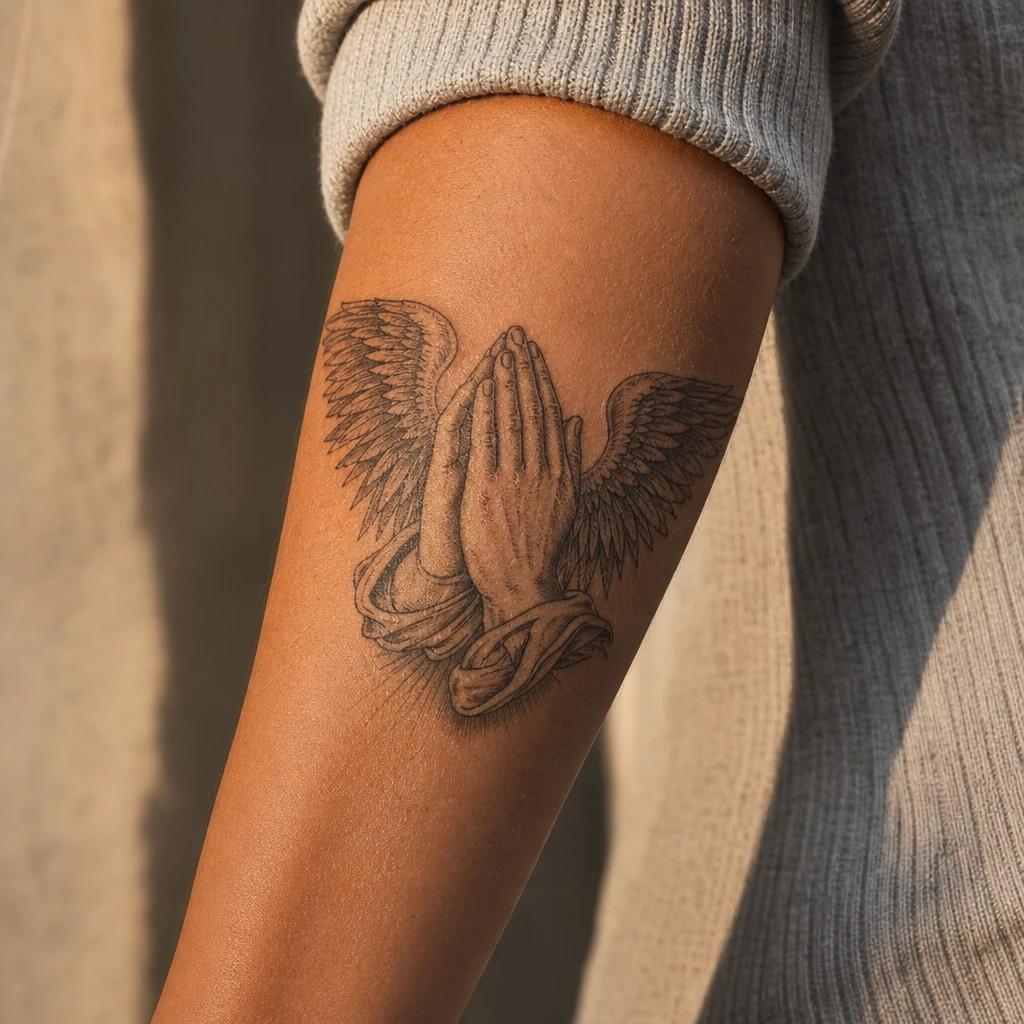 angel tattoo praying hands and wings, realistic photo on skin