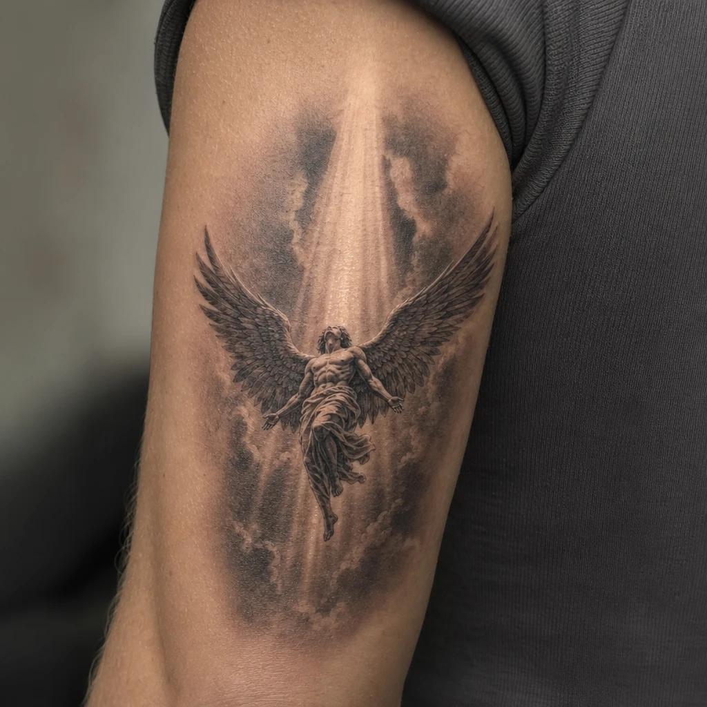 angel tattoo angel in a column of light, realistic photo on skin