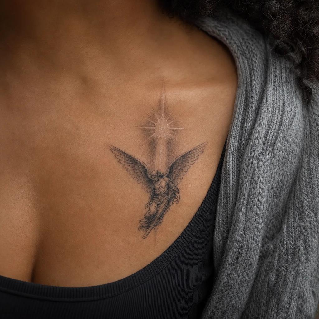angel tattoo angel in a column of light, realistic photo on skin