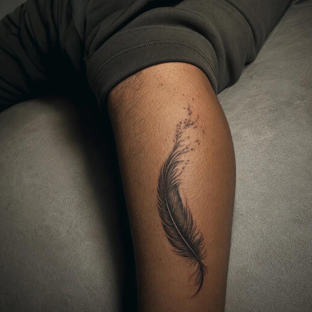 angel tattoo falling angel feather, realistic photo on skin