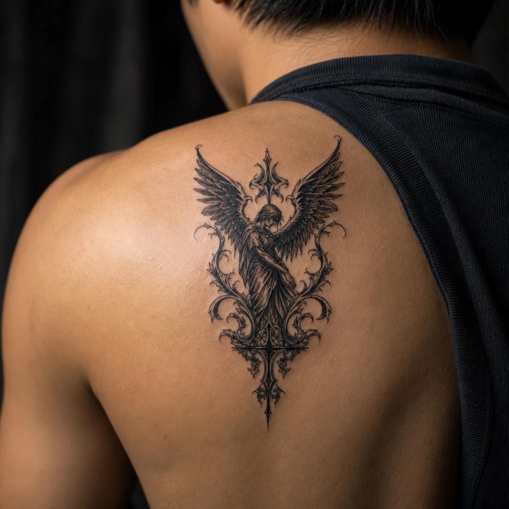 angel tattoo ornamental gothic angel, realistic photo on skin