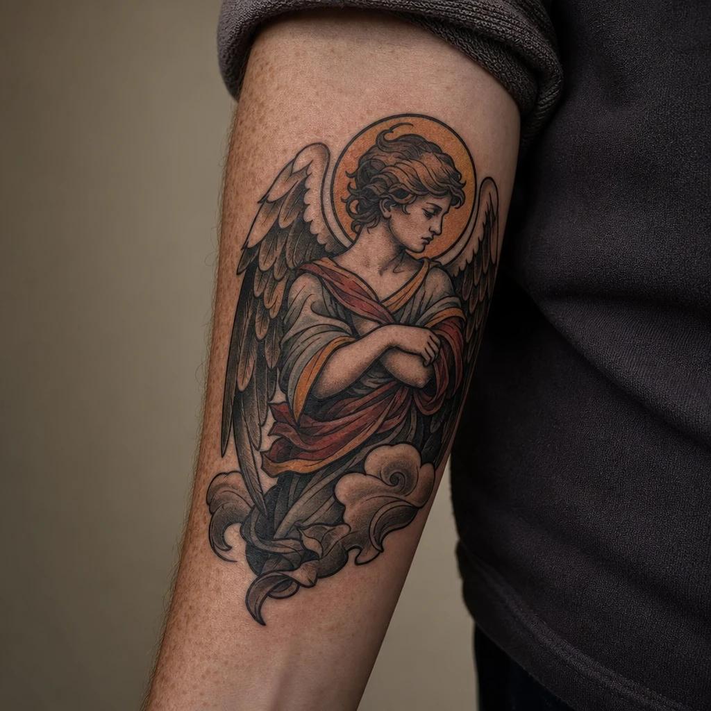 angel tattoo neo-traditional angel, realistic photo on skin