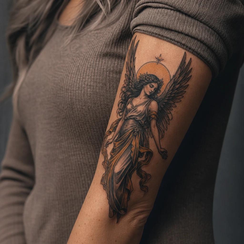 angel tattoo neo-traditional angel, realistic photo on skin