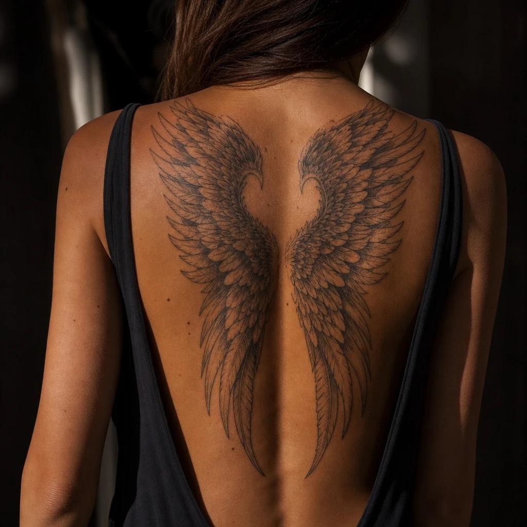 women's back tattoo angel wings on the shoulder blades, realistic photo on skin