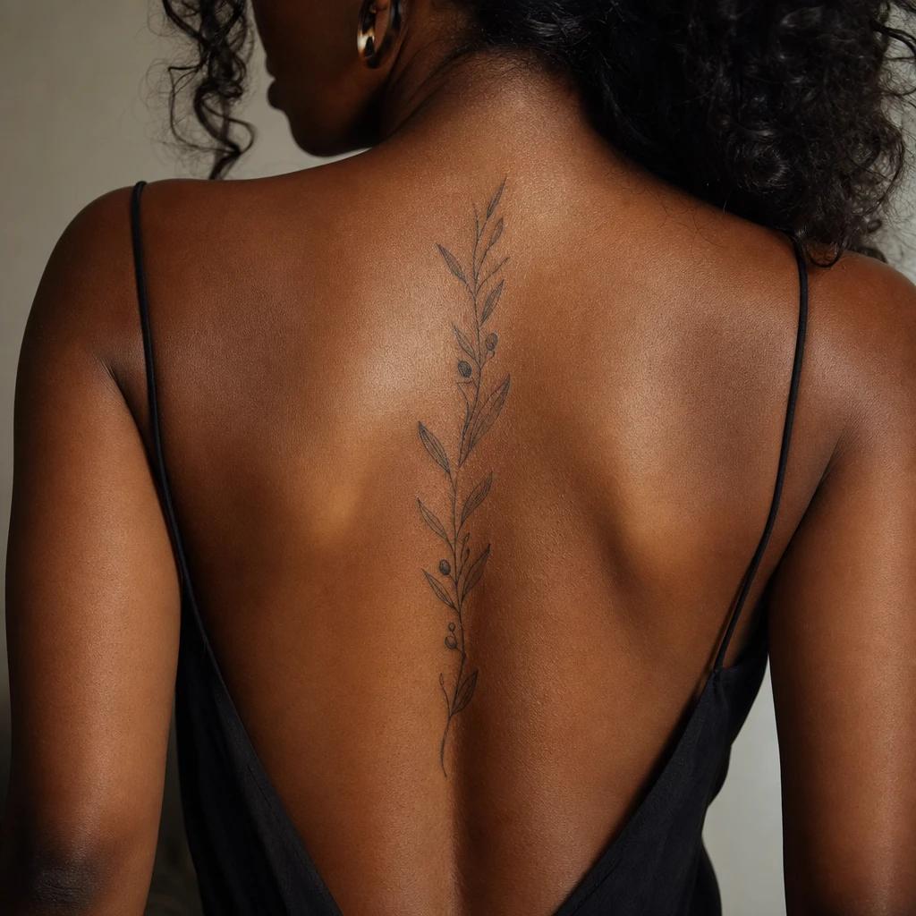 women's back tattoo olive branch below the nape, realistic photo on skin
