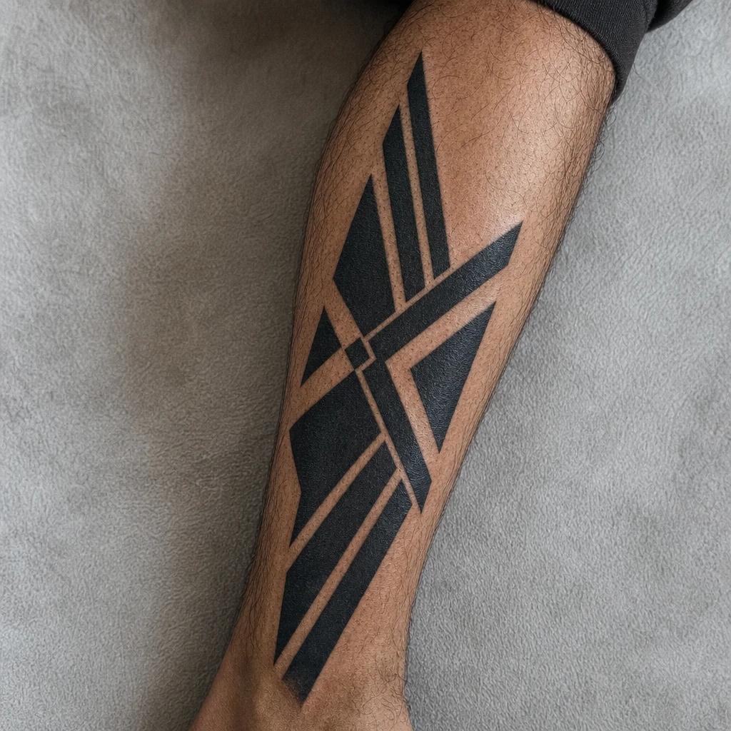 men's calf tattoo geometric blackwork, realistic photo on skin