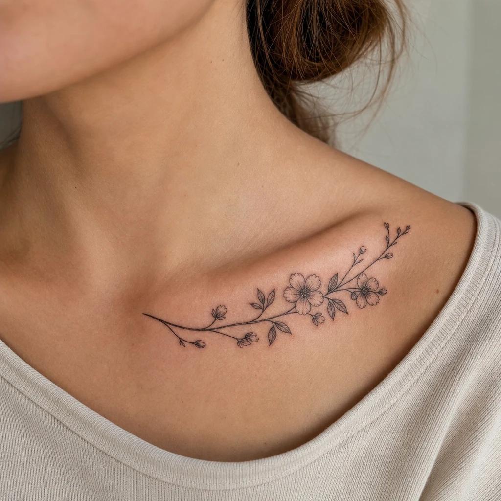 collarbone (women) tattoo flowering branch below the collarbone, realistic photo on skin