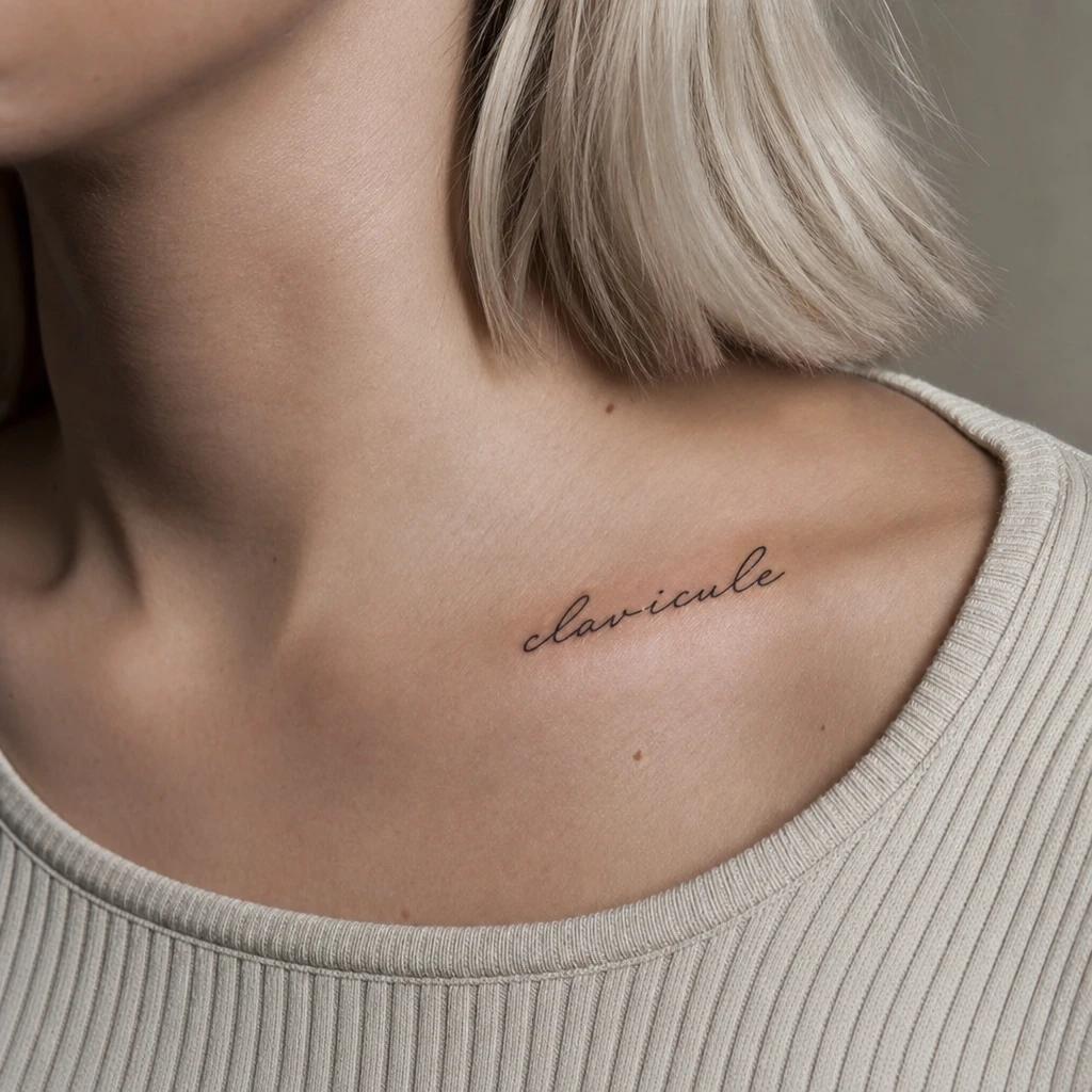 collarbone (women) tattoo handwritten quote along the collarbone, realistic photo on skin