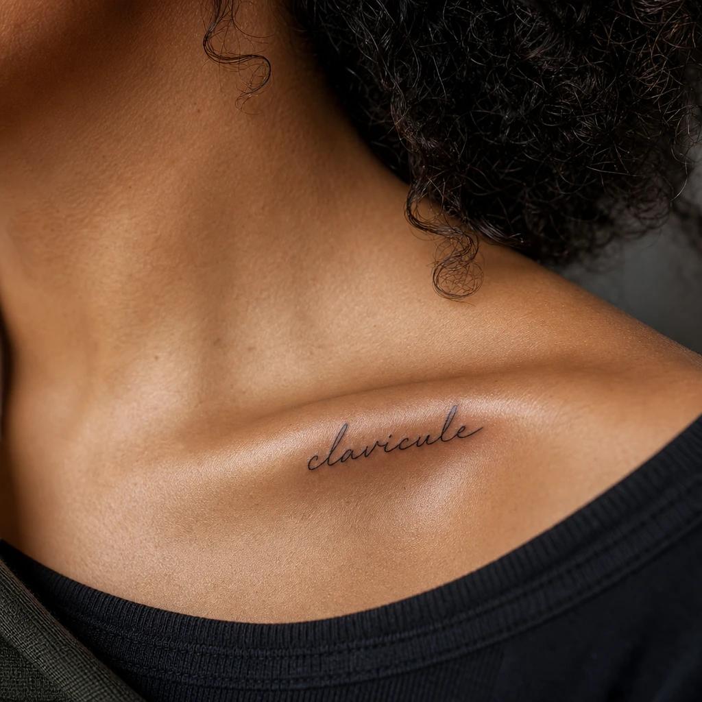 collarbone (women) tattoo handwritten quote along the collarbone, realistic photo on skin