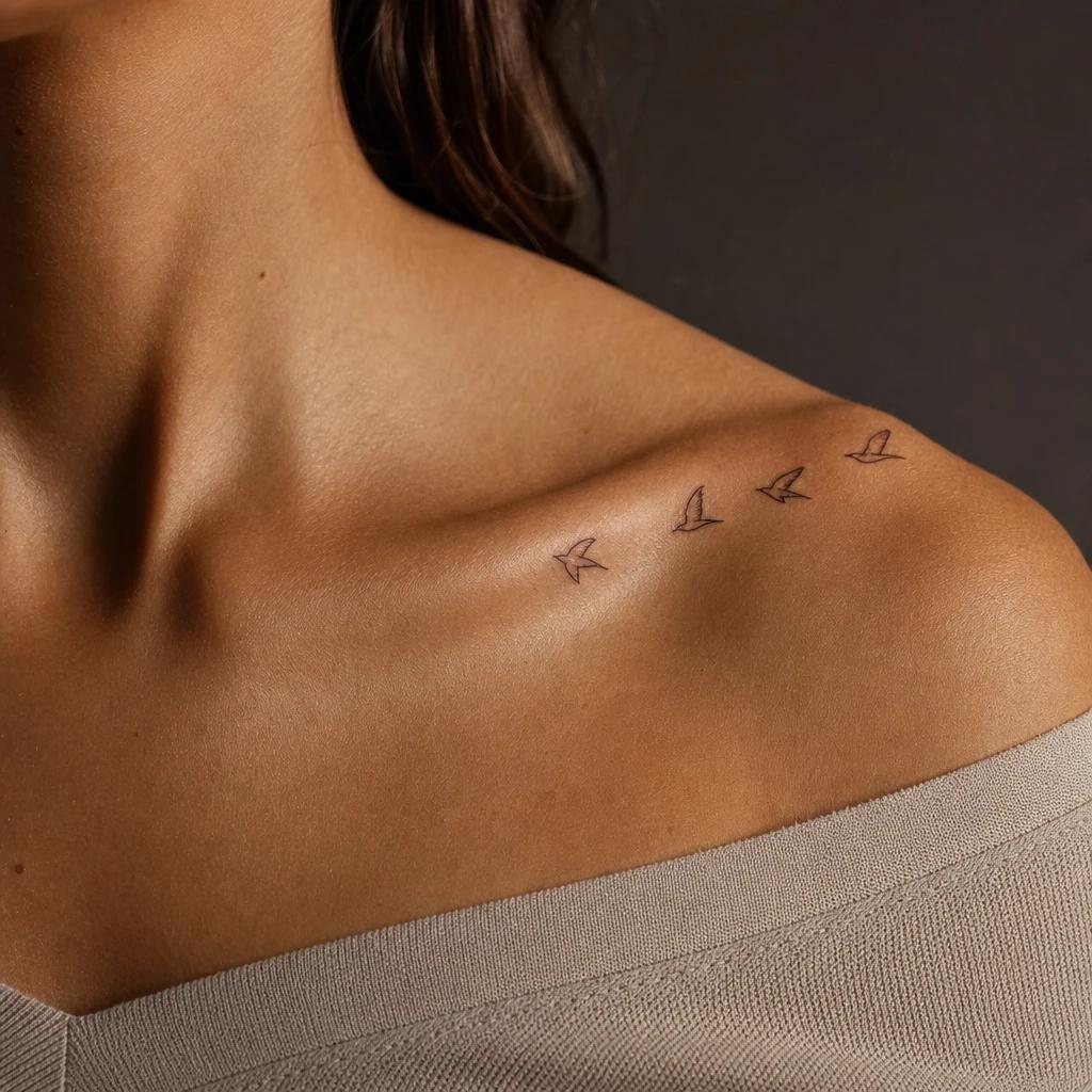 collarbone (women) tattoo minimalist birds in flight, realistic photo on skin