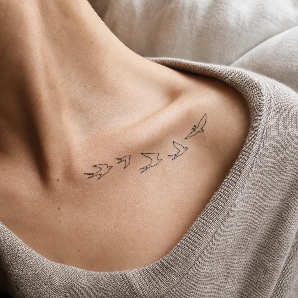 collarbone (women) tattoo minimalist birds in flight, realistic photo on skin