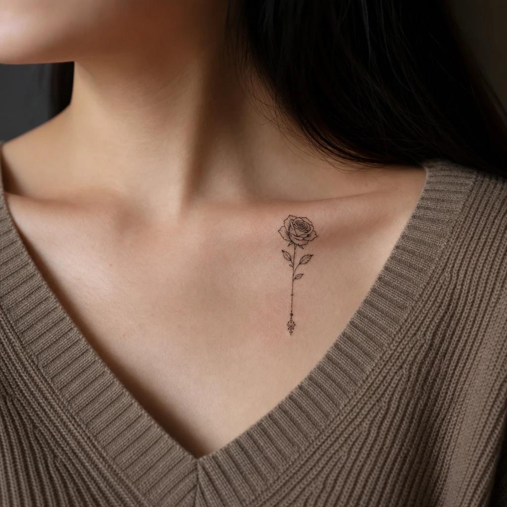 collarbone (women) tattoo hanging fine line rose, realistic photo on skin