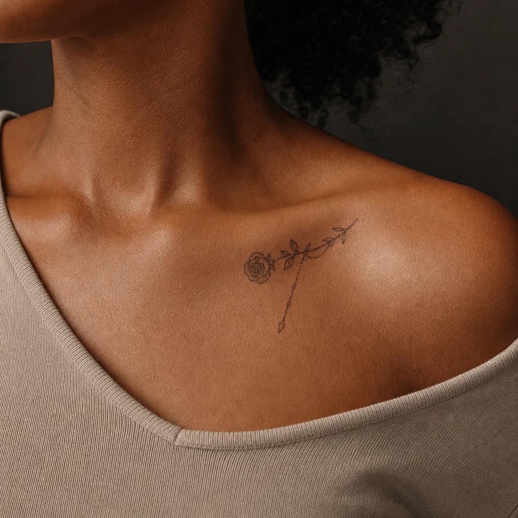 collarbone (women) tattoo hanging fine line rose, realistic photo on skin