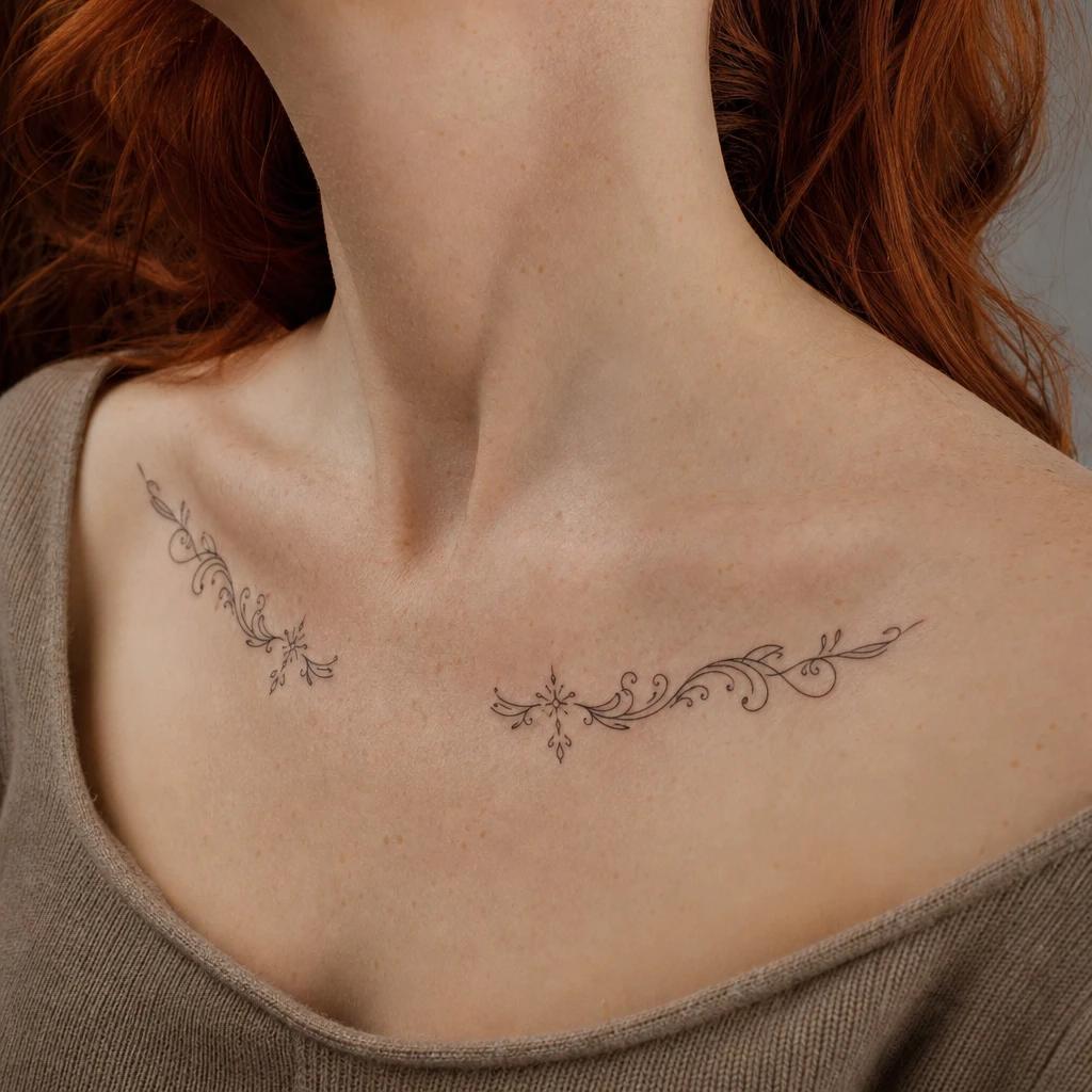collarbone (women) tattoo mirrored ornamental necklace, realistic photo on skin