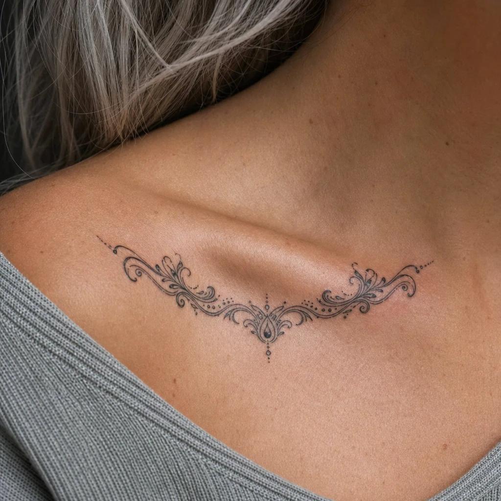 collarbone (women) tattoo mirrored ornamental necklace, realistic photo on skin