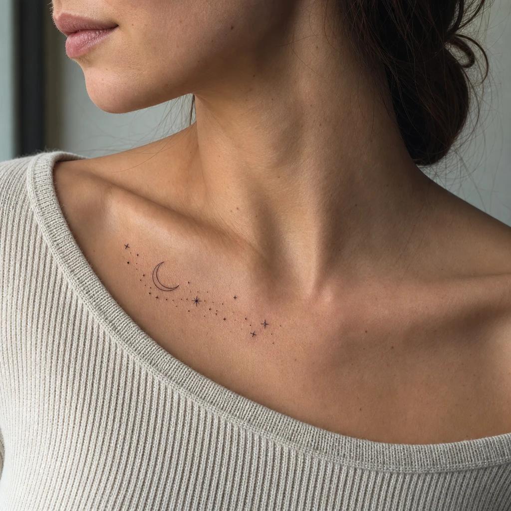 collarbone (women) tattoo moon and stars in the hollow, realistic photo on skin