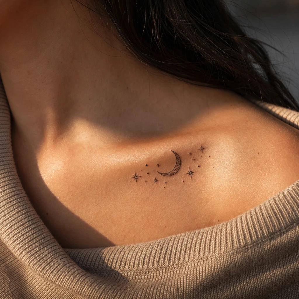 collarbone (women) tattoo moon and stars in the hollow, realistic photo on skin