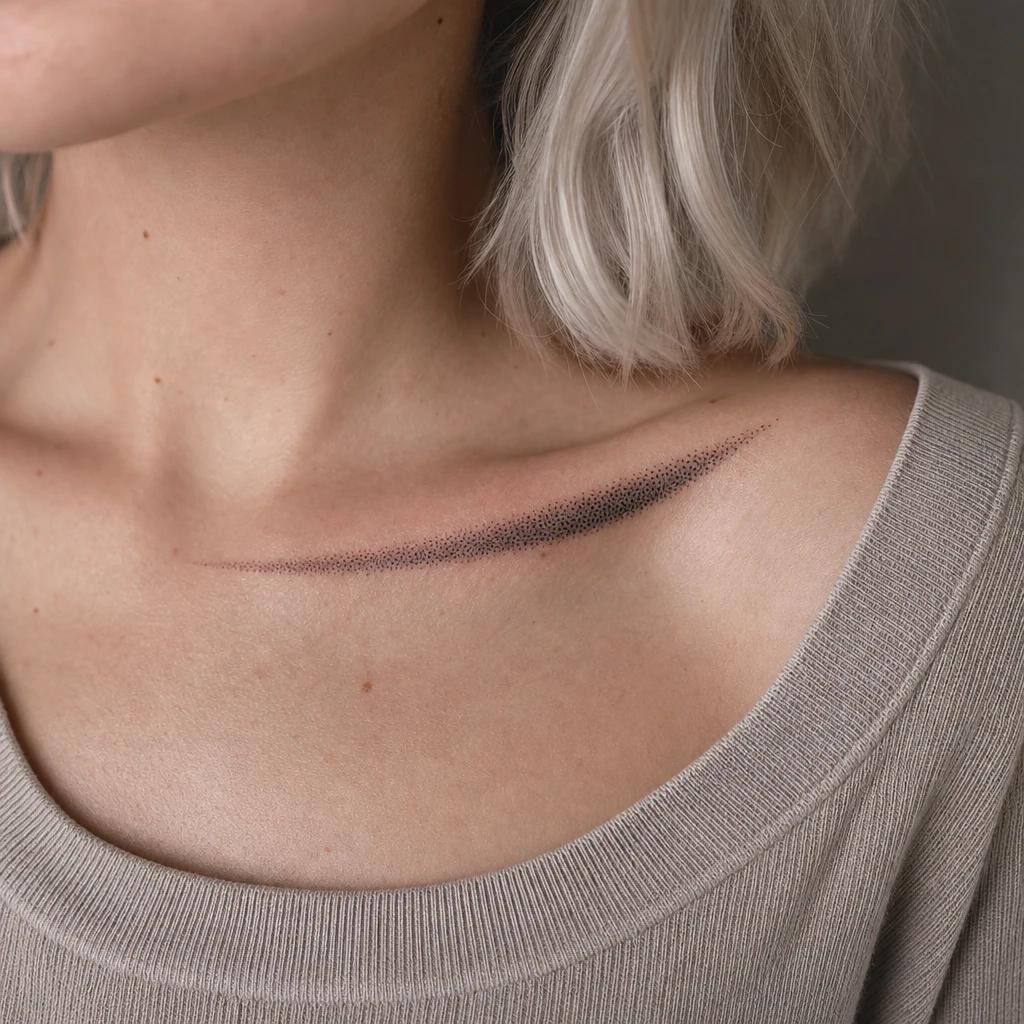 collarbone (women) tattoo graded dotwork along the bone, realistic photo on skin