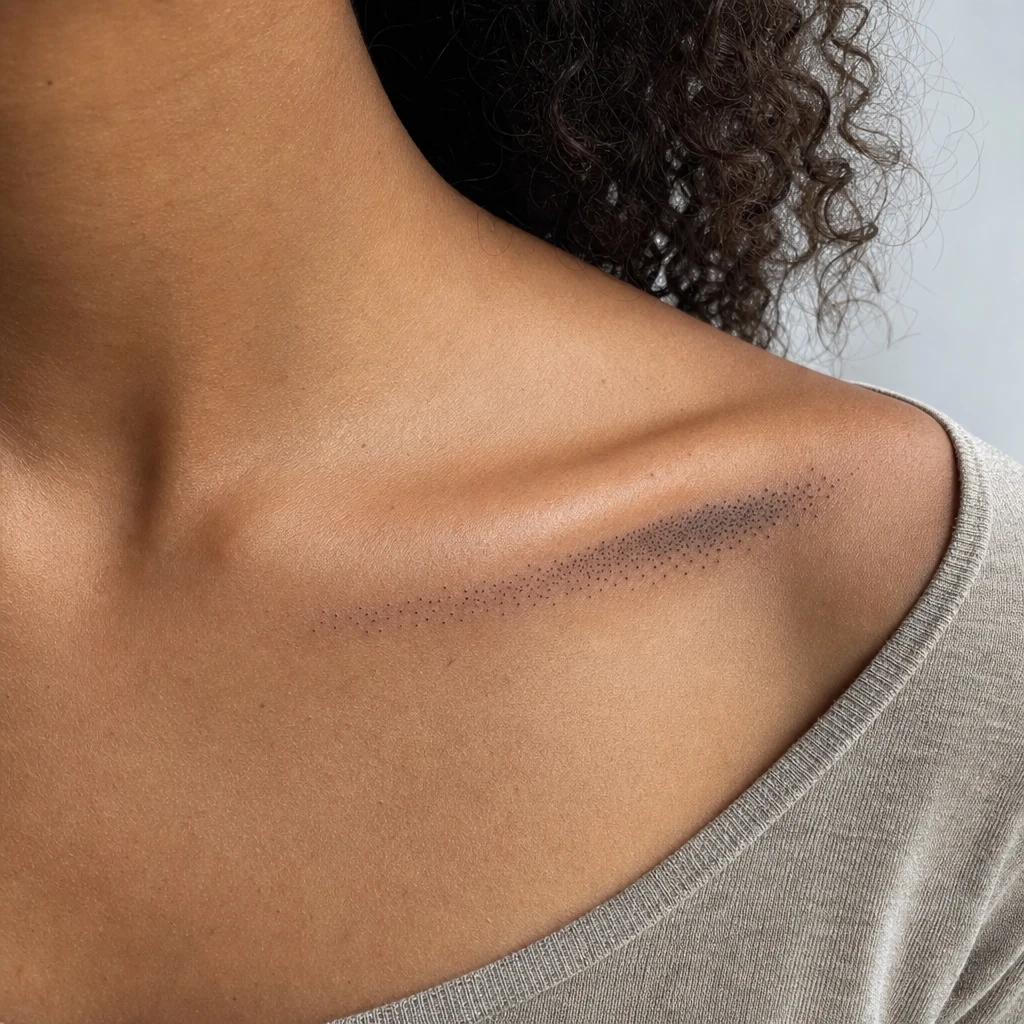 collarbone (women) tattoo graded dotwork along the bone, realistic photo on skin