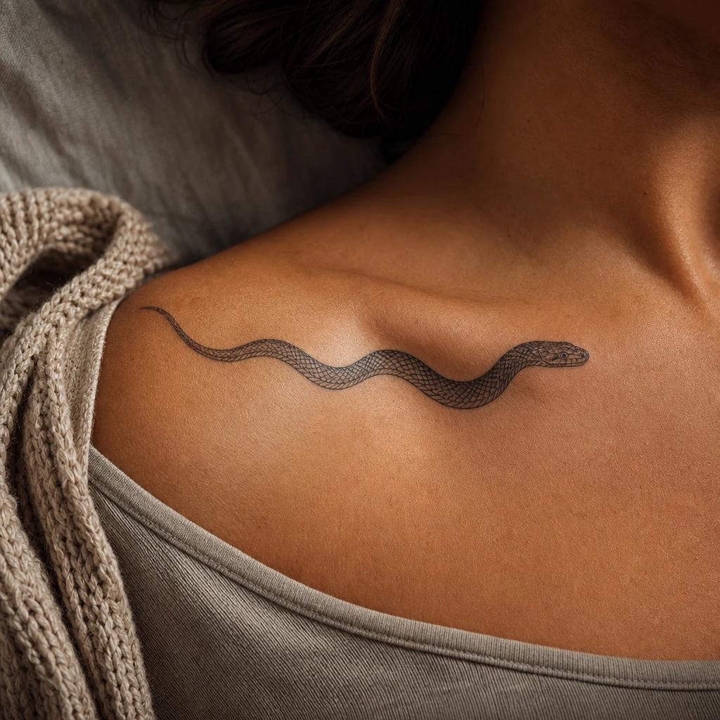 collarbone (women) tattoo snake following the collarbone, realistic photo on skin