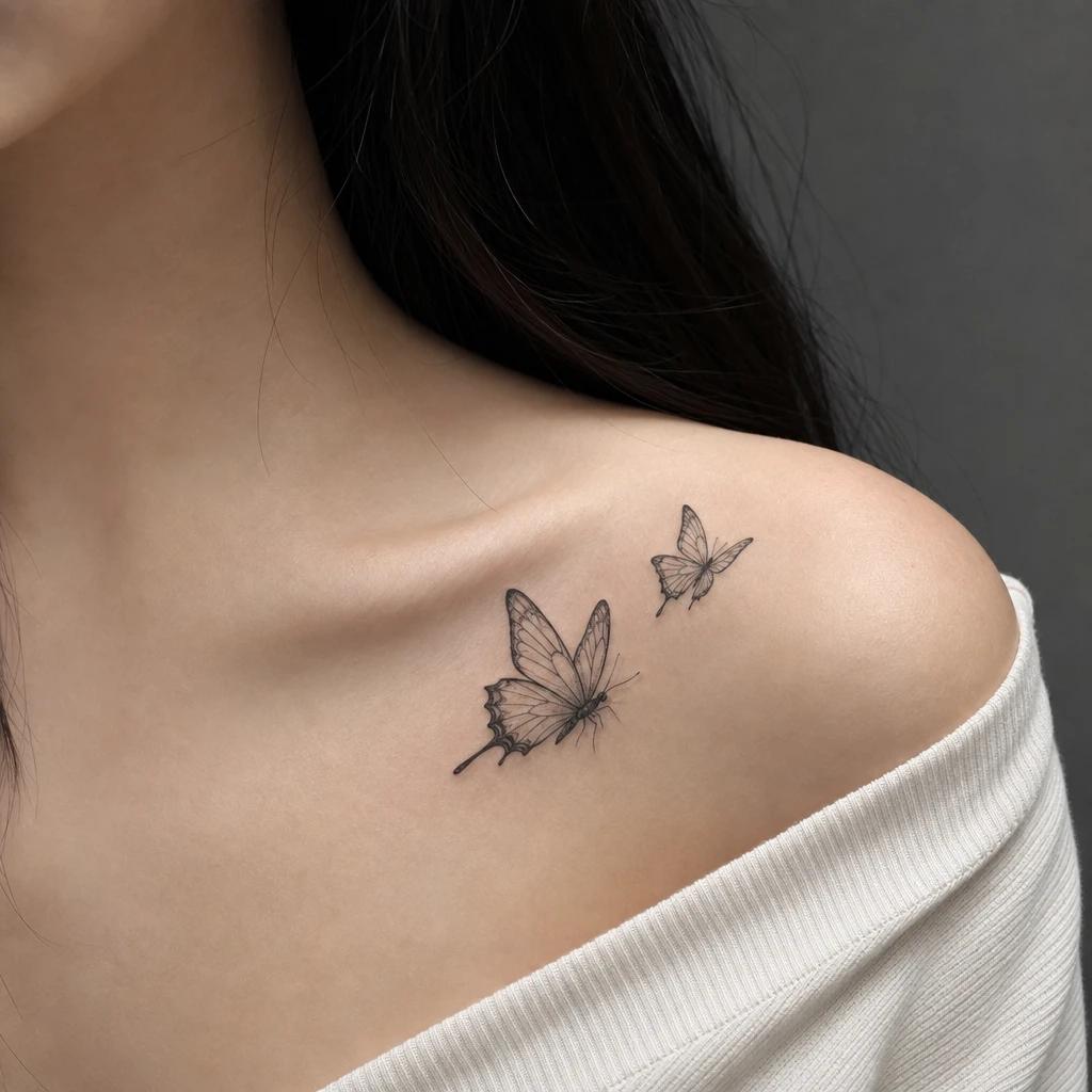 collarbone (women) tattoo asymmetric butterflies, realistic photo on skin