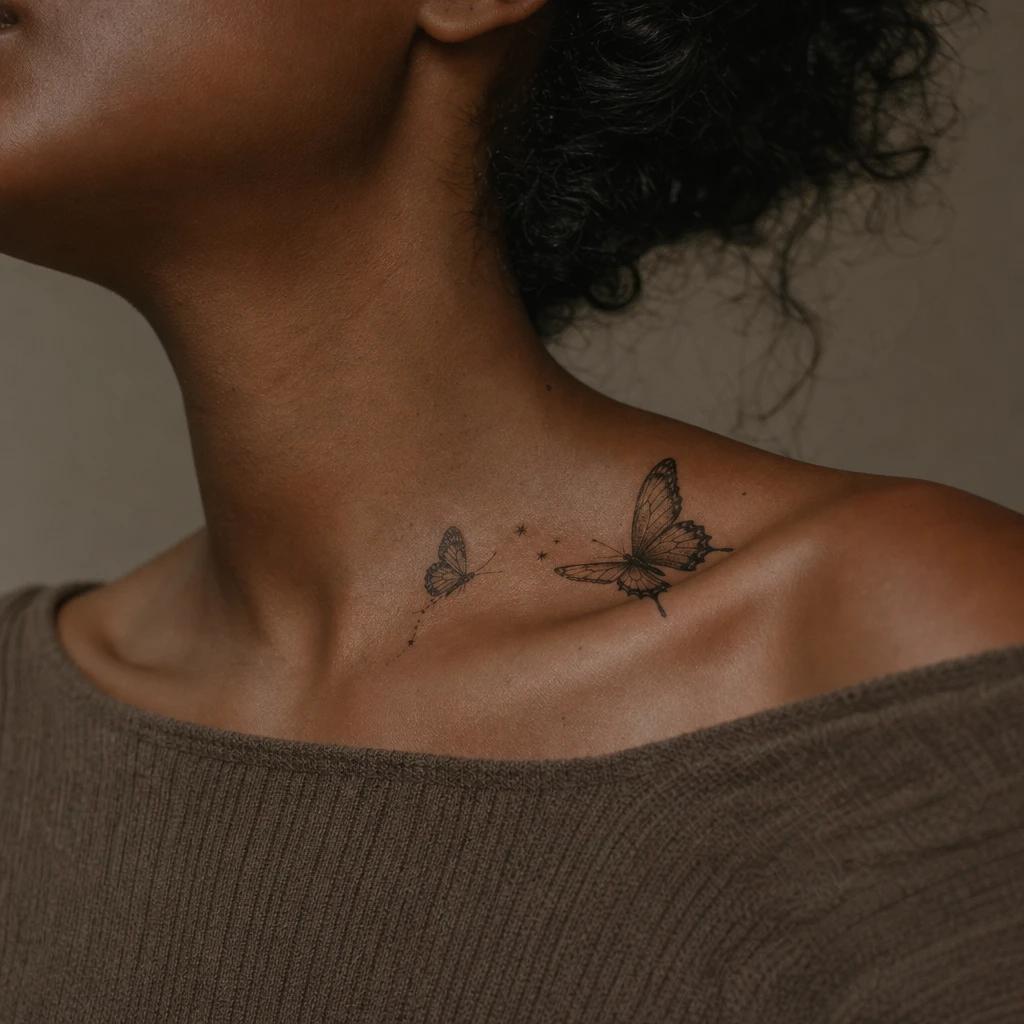collarbone (women) tattoo asymmetric butterflies, realistic photo on skin