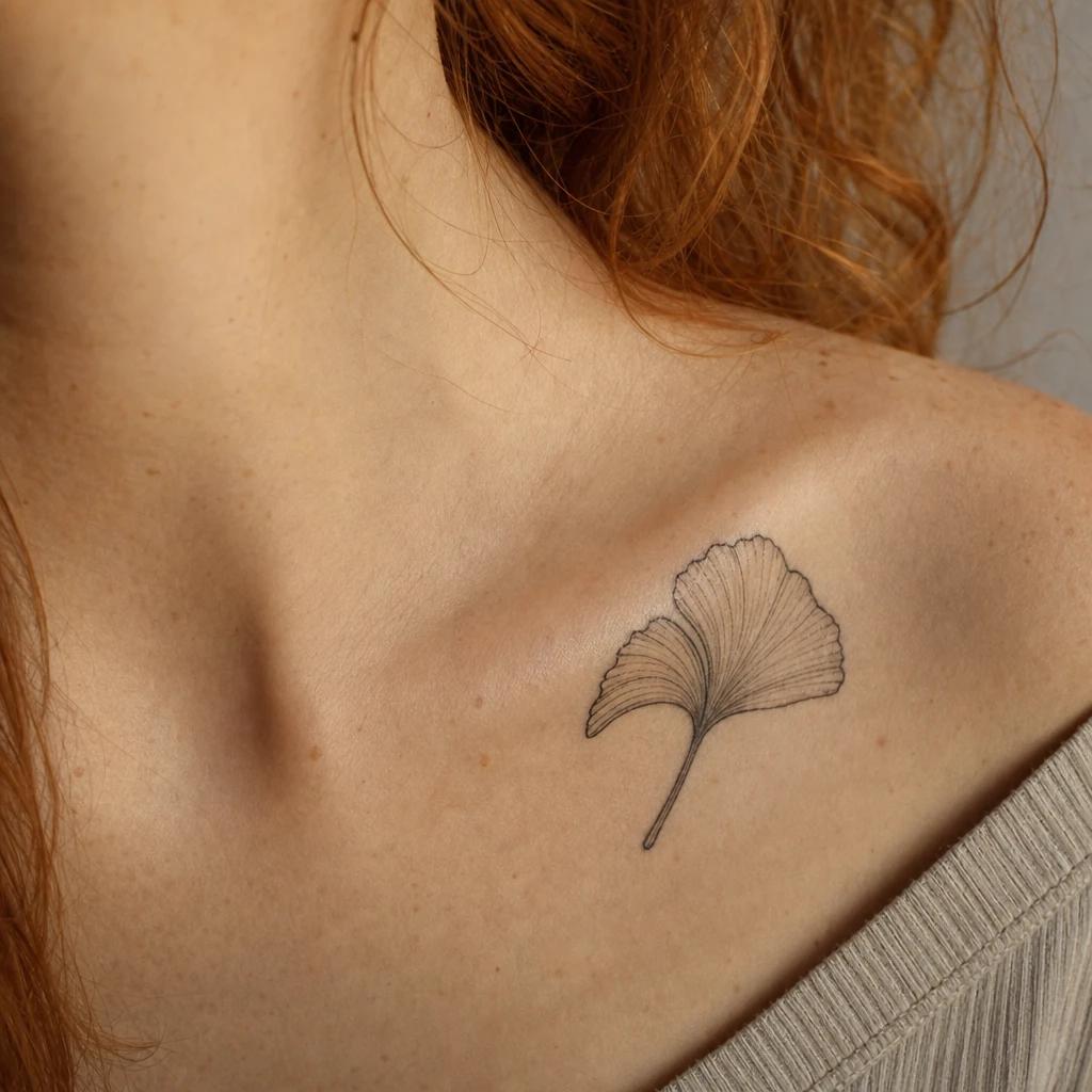 collarbone (women) tattoo japanese-inspired ginkgo leaf, realistic photo on skin