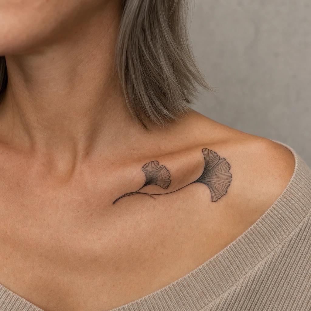 collarbone (women) tattoo japanese-inspired ginkgo leaf, realistic photo on skin