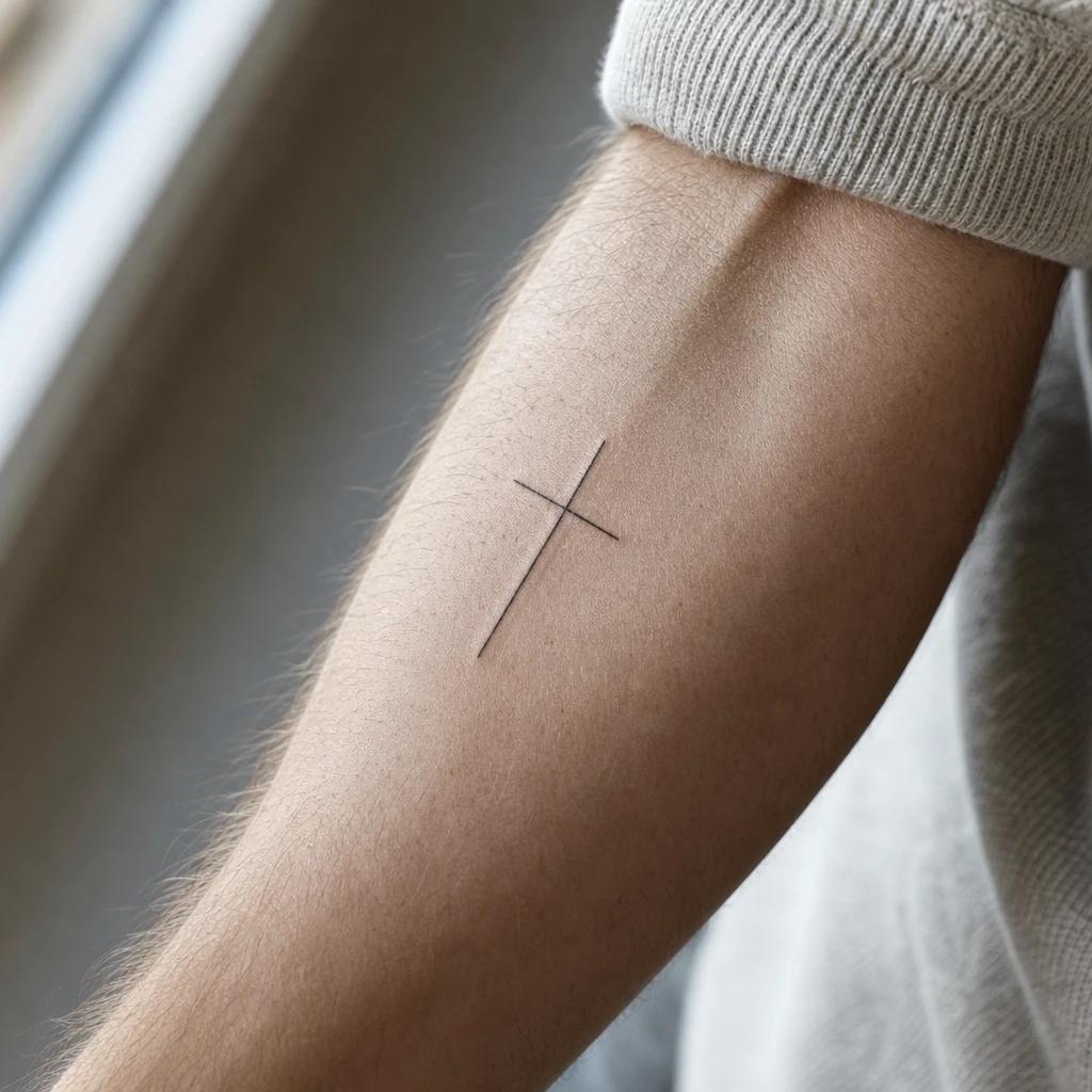 cross tattoo minimalist fine-line cross, realistic photo on skin