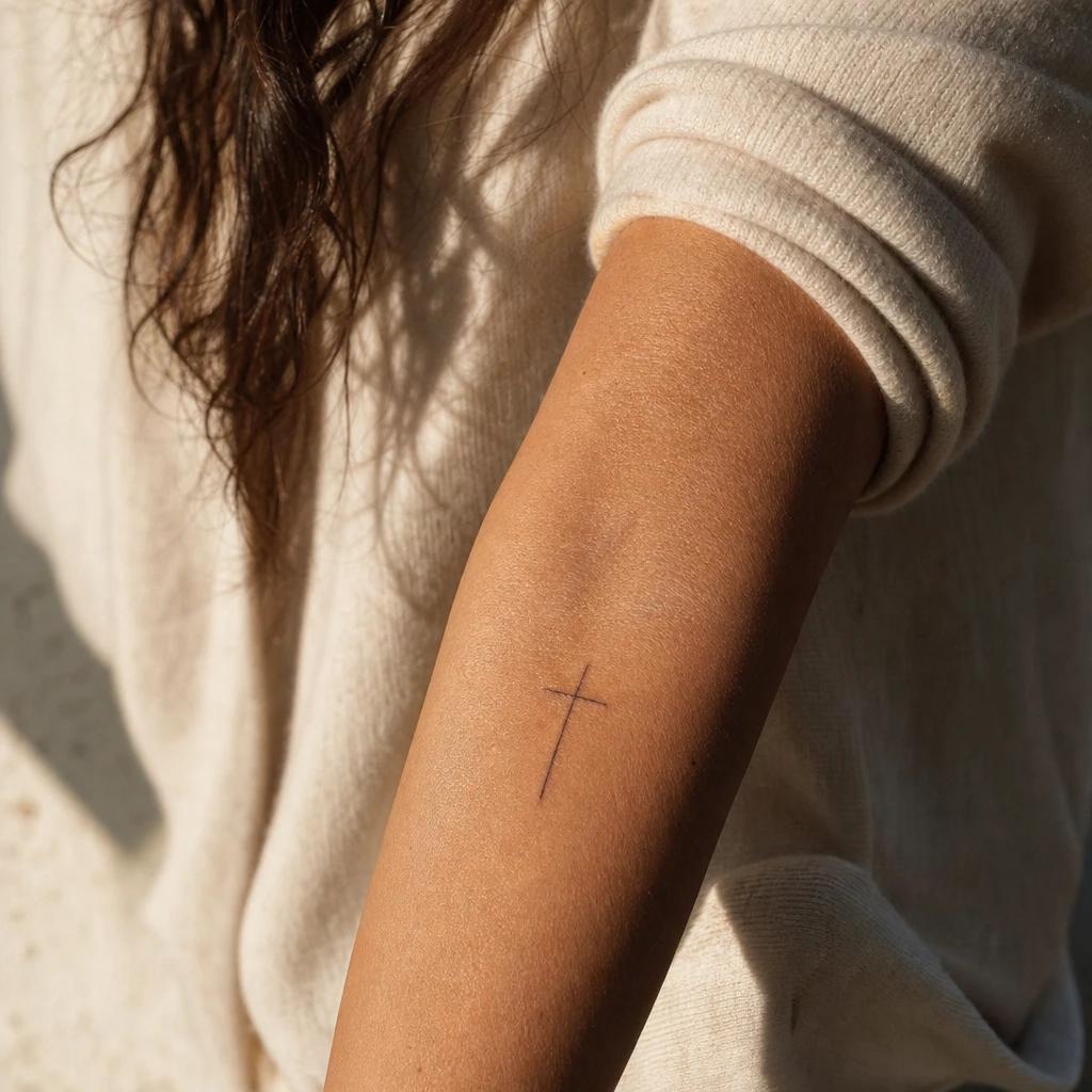 cross tattoo minimalist fine-line cross, realistic photo on skin