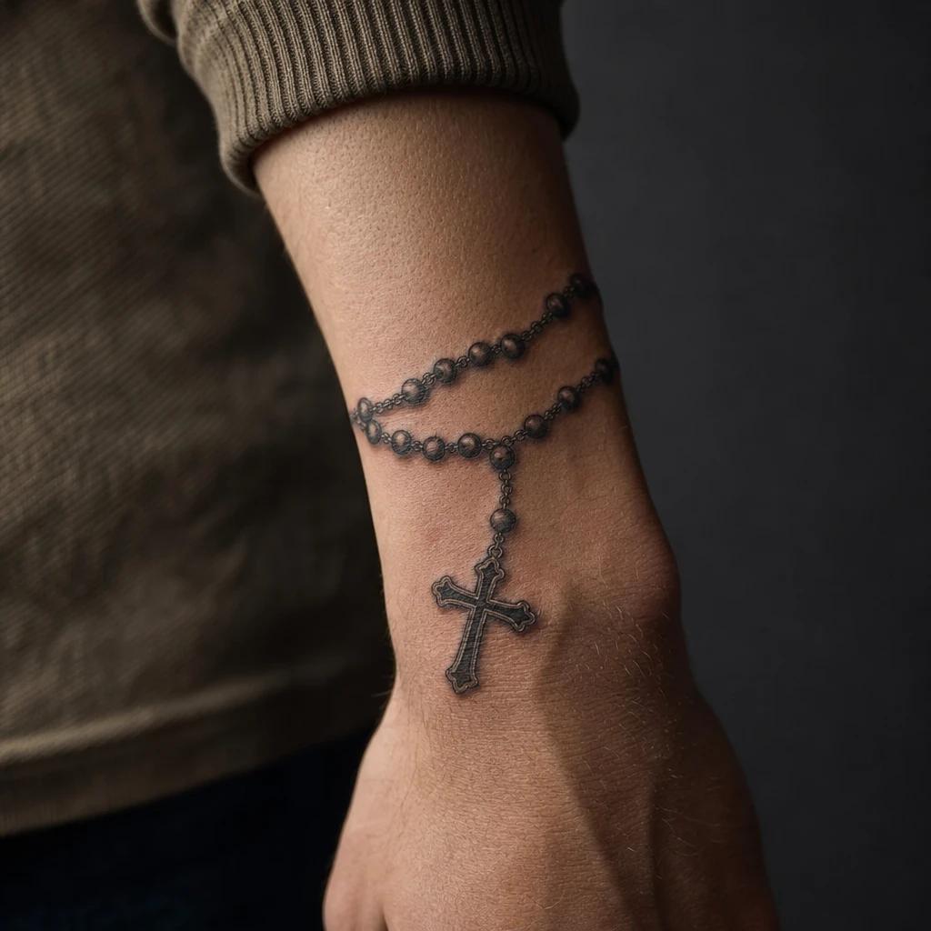 cross tattoo realistic cross and rosary, realistic photo on skin