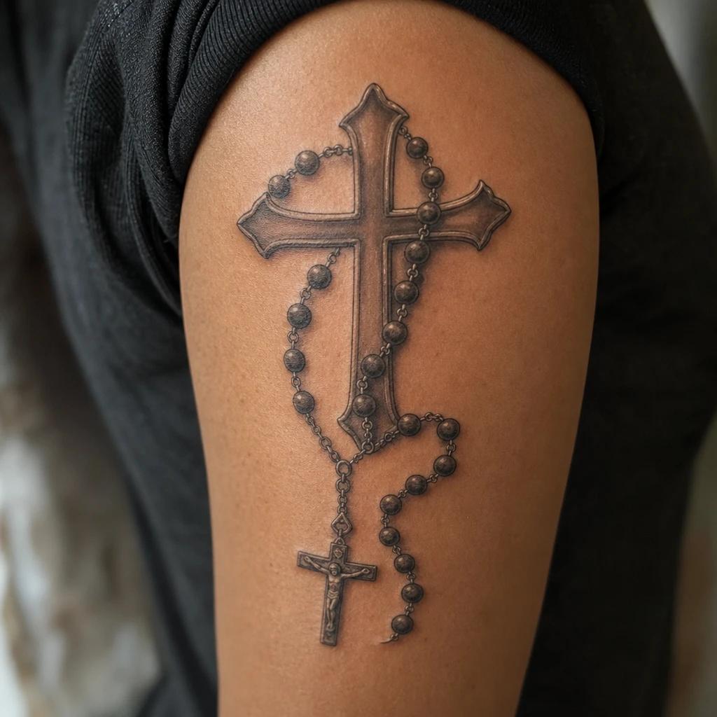 cross tattoo realistic cross and rosary, realistic photo on skin