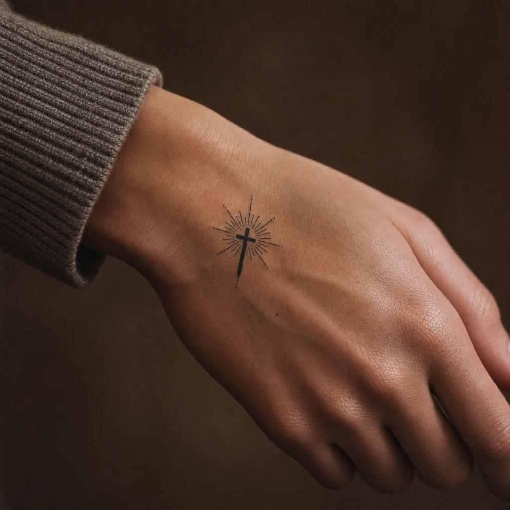 cross tattoo cross with rays of light, realistic photo on skin