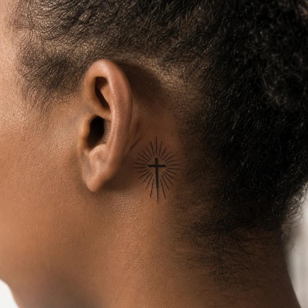 cross tattoo cross with rays of light, realistic photo on skin