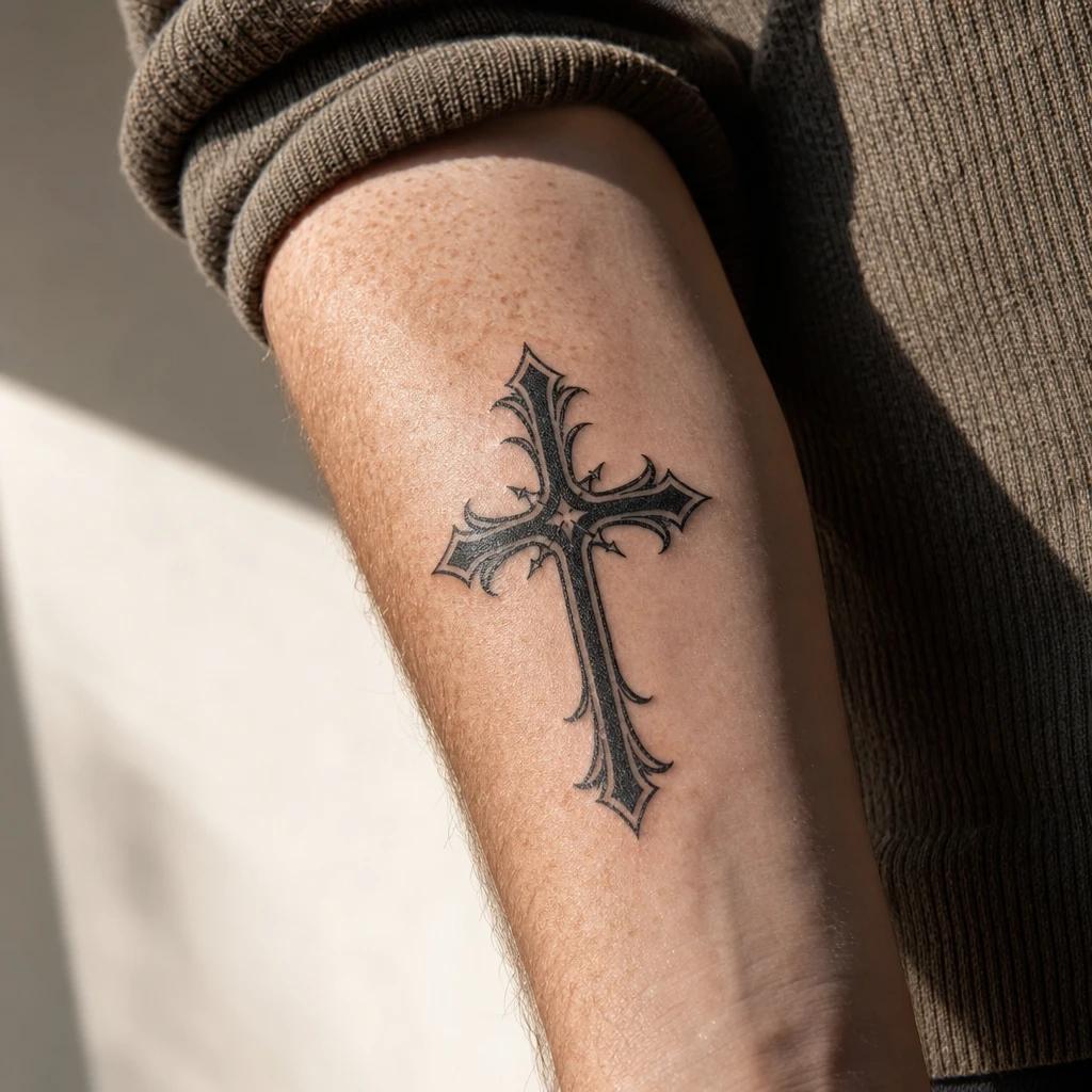 cross tattoo ornamental gothic cross, realistic photo on skin