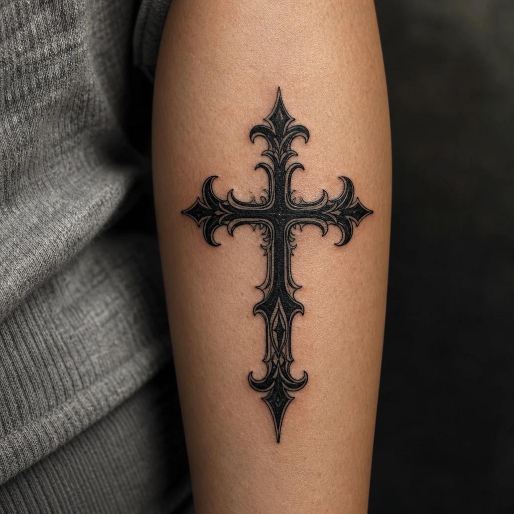 cross tattoo ornamental gothic cross, realistic photo on skin