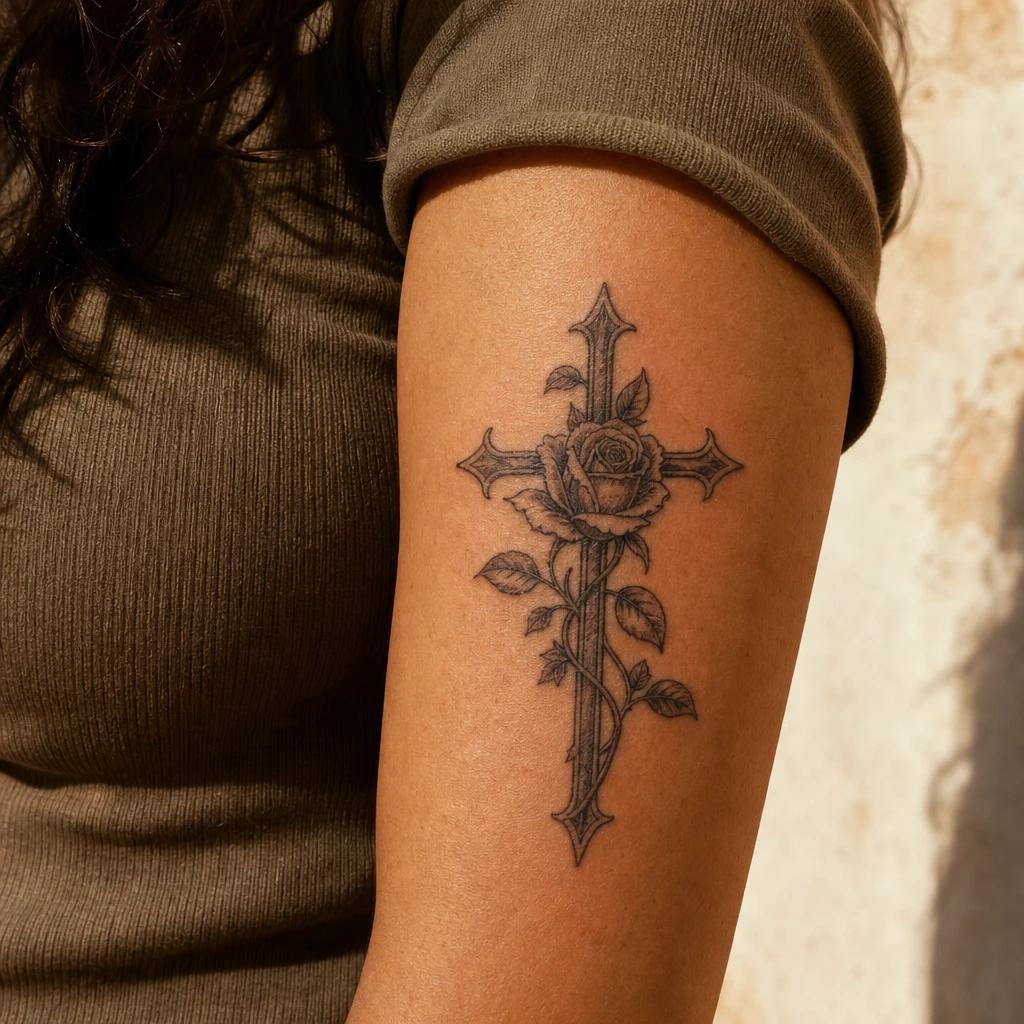 cross tattoo cross and rose intertwined, realistic photo on skin