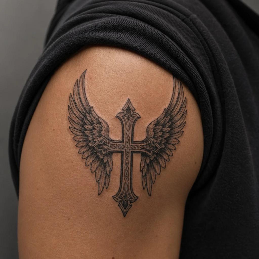 cross tattoo cross with angel wings, realistic photo on skin