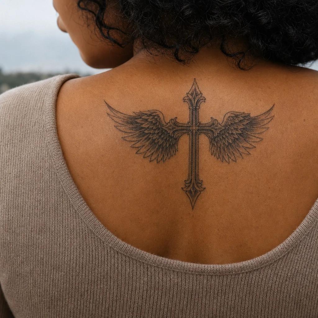 cross tattoo cross with angel wings, realistic photo on skin