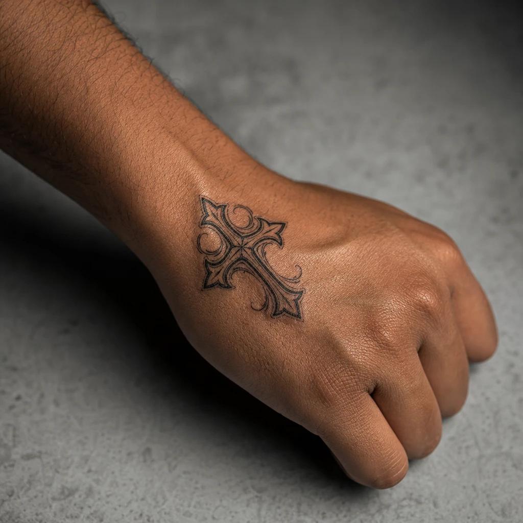 cross tattoo fine chicano cross, realistic photo on skin