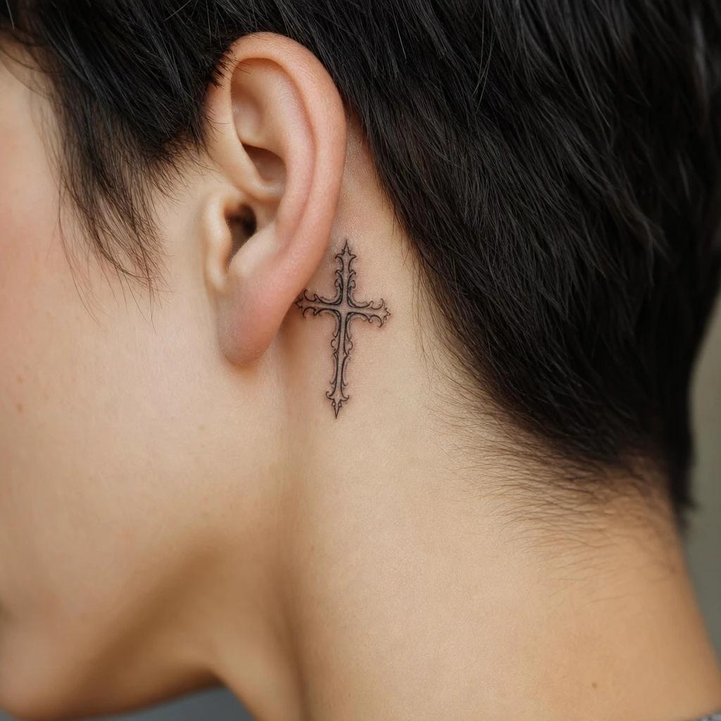 cross tattoo fine chicano cross, realistic photo on skin